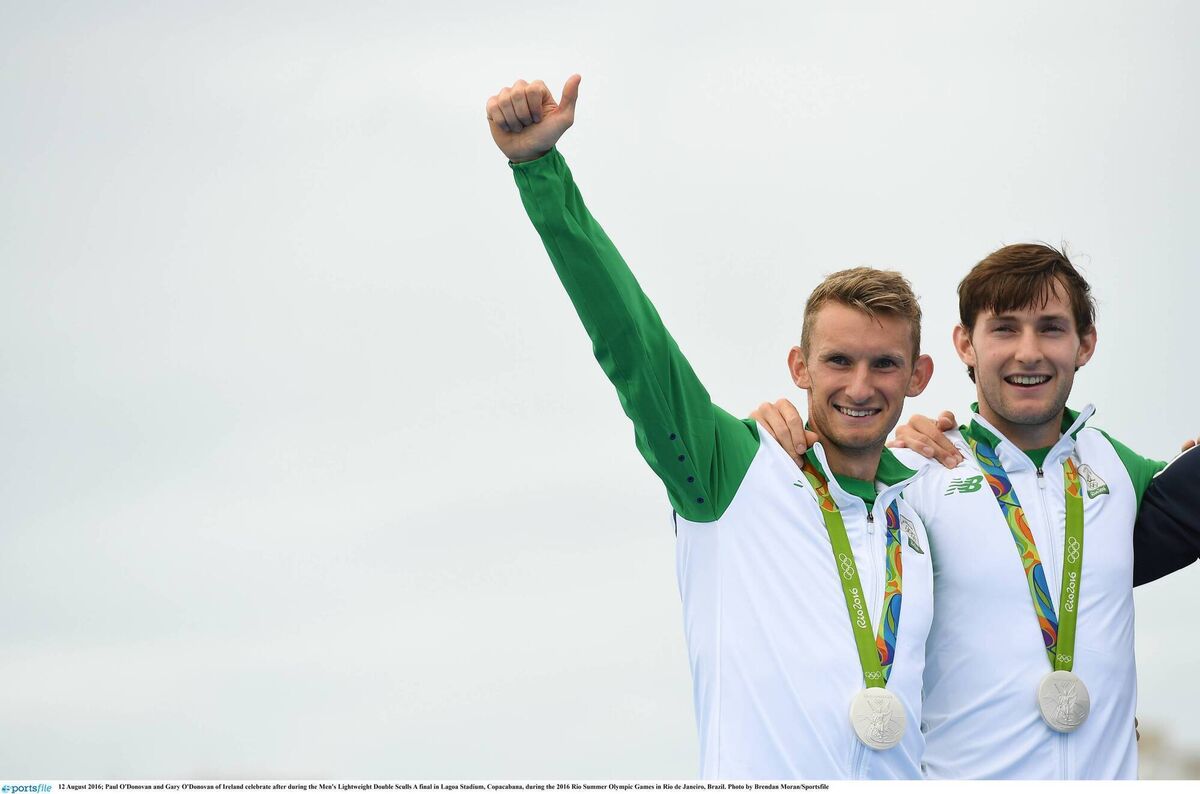 August 12, 2016; Paul and Gary O'Donovan celebrate after the Men's Lightweight Double Sculls, Picture:  Brendan Moran/Sportsfile