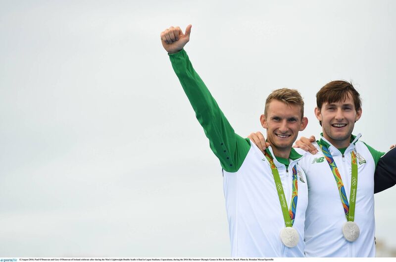 August 12, 2016; Paul and Gary O'Donovan celebrate after the Men's Lightweight Double Sculls, Picture:  Brendan Moran/Sportsfile