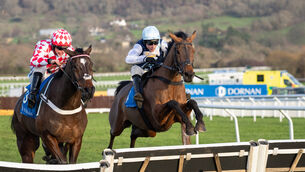 <p>UPWARD CURVE: Kabral Du Mathan and Harry Skelton, right, en route to winning the Dornan Engineering Relkeel Hurdle at Cheltenham.  	Picture: Healy Racing</p>
