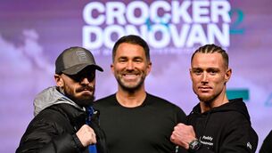 <p>FIGHT OFF: Lewis Crocker, left, and Paddy Donovan face-off, with promoter Eddie Hearn. Pic: Ramsey Cardy/Sportsfile.</p> <p>FIGHT OFF: Lewis Crocker, left, and Paddy Donovan face-off, with promoter Eddie Hearn. Pic: Ramsey Cardy/Sportsfile.</p>