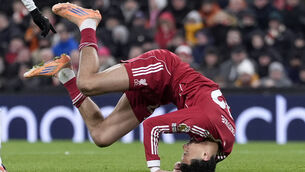 <p>OUCH: Liverpool striker Hugo Ekitike takes a tumble during the game against Leeds. Picture: Peter Byrne/PA</p>