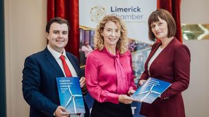 <p>Limerick Chamber chief economist Sean Golden, President Mairead Connolly, and former CEO, Michelle Gallagher. Pic. Brian Arthur</p>