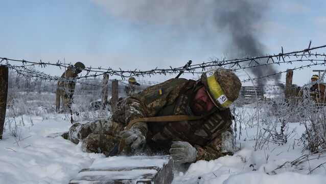 Recruits perform drills at a training ground in the Zaporizhzhia region, Ukraine (Andriy Andriyenko/Ukraine’s 65th Mechanized Brigade via AP)