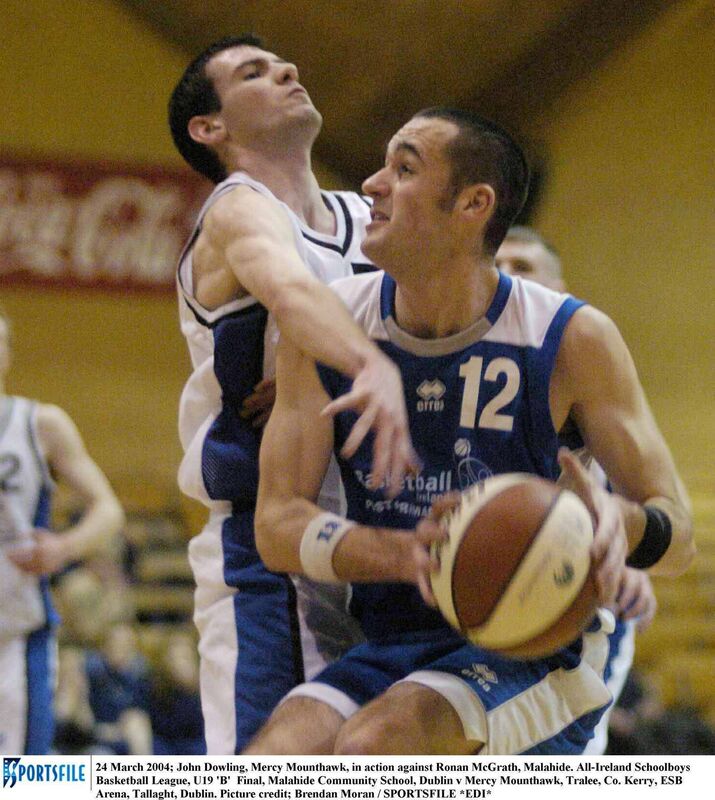 John Dowling, Mercy Mounthawk, in action against Ronan McGrath, Malahide. All-Ireland Schoolboys Basketball League, U19 'B' Final, Malahide Community School, Dublin v Mercy Mounthawk, Tralee, Co. Kerry, ESB Arena, Tallaght, Dublin. Picture: Brendan Moran / SPORTSFILE *EDI* John Dowling, Mercy Mounthawk, in action against Ronan McGrath, Malahide. All-Ireland Schoolboys Basketball League, U19 'B' Final, Malahide Community School, Dublin v Mercy Mounthawk, Tralee, Co. Kerry, ESB Arena, Tallaght, Dublin. Picture: Brendan Moran / SPORTSFILE *EDI*