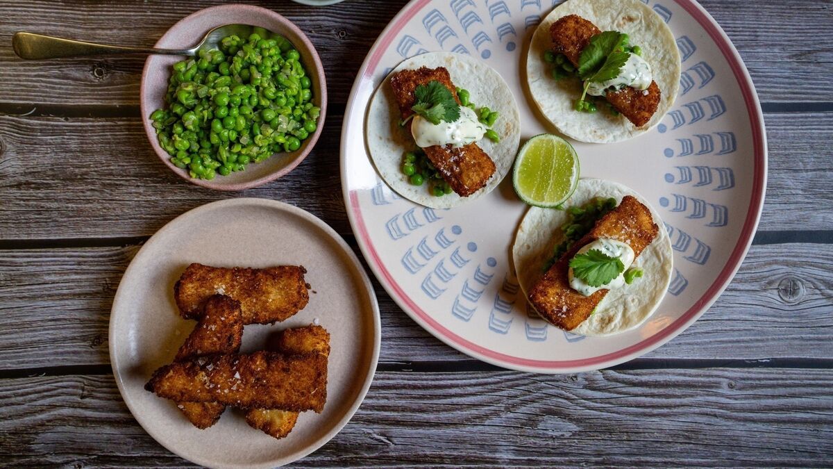 Fish finger tacos with pea and chilli salsa