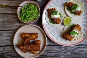 Fish finger tacos with pea and chilli salsa