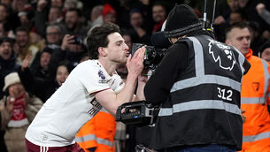 <p>Arsenal's Declan Rice celebrates scoring their side's third goal of the game. Pic: Andrew Matthews/PA Wire.</p> <p>Arsenal's Declan Rice celebrates scoring their side's third goal of the game. Pic: Andrew Matthews/PA Wire.</p>