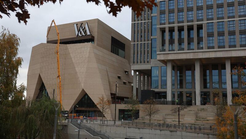 The V&A East Museum located at the Olympic park, in Stratford, east London, was designed by Irish architects. Picture: Daniel LEAL / AFP The V&A East Museum located at the Olympic park, in Stratford, east London, was designed by Irish architects. Picture: Daniel LEAL / AFP
