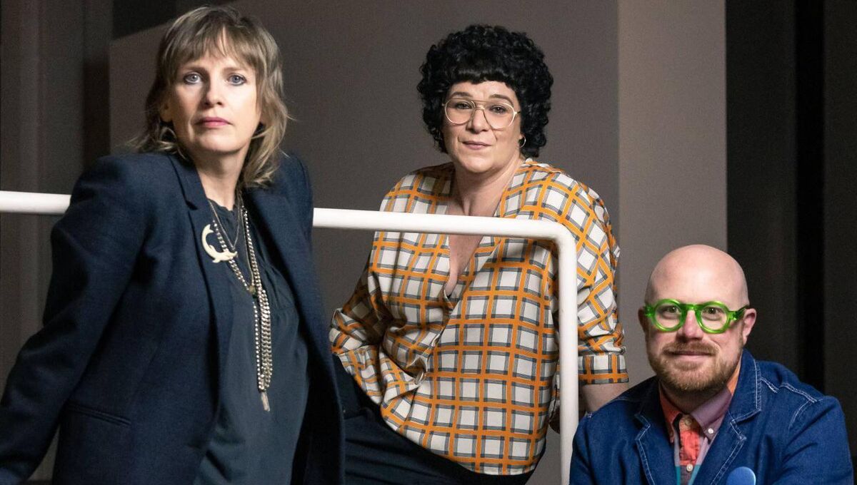 Artist Isabel Nolan, with curator Georgina Jackson of the Douglas Hyde Gallery, and producer Cian O’Brien.