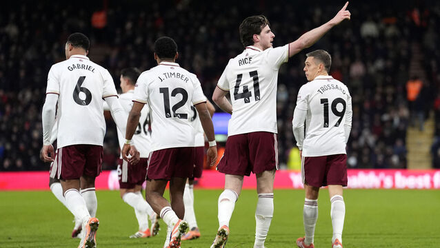 <p>Mikel Arteta on Declan Rice: “He’s constantly adding things to his role in the team. And I don’t see where he can stop because he can still improve in a lot of areas and he wants to improve.” Pic: Andrew Matthews/PA Wire.</p>