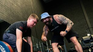 <p>Five-time Ireland’s Strongest Man winner, Pa O’Dwyer, encouraging Eoghan Darcy during his world record attempt. Picture: Donovan Mortell.</p>