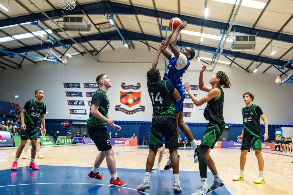 Neptune’s Pharrell Osagie releases a shot during the U20M National Cup game against Portlaoise at Neptune Stadium. Pic: Chani Anderson