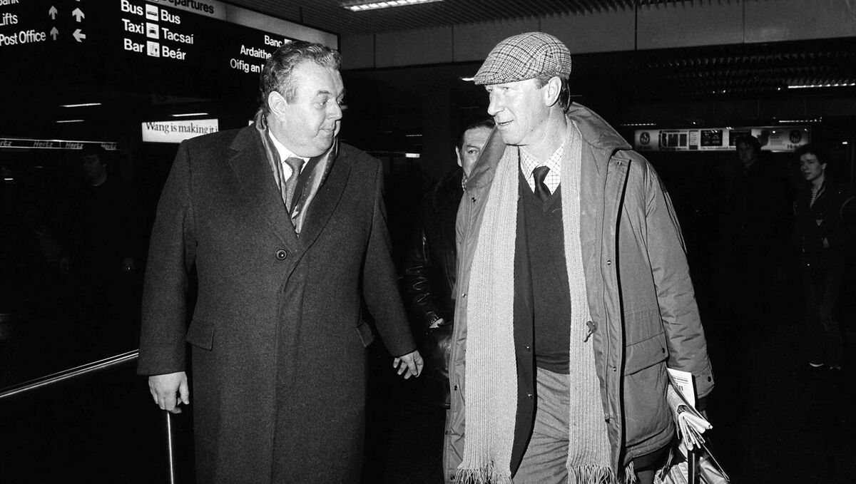 FAI assistant hon treasurer Joe Delaney with Jack Charlton at Dublin Airport on February 11, 1986, four days after his appointment as Republic of Ireland manager. Picture: Ray McManus/Sportsfile