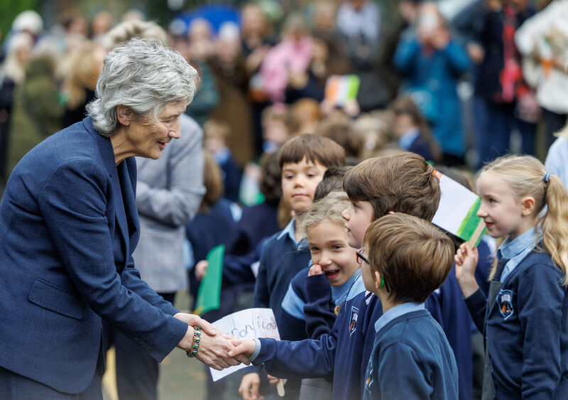 Uachtarán na hÉireann Catherine Connolly meeting pupils of Gaelscoil Inse Chór in Dublin the day after she was inaugurated as President of Ireland. Picture: Marc O'Sullivan