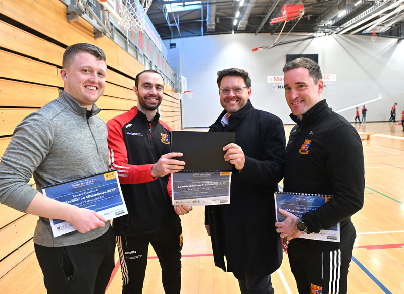 Tomás Dowling, Barr na gCnoc, with Conor Philpott, Craig Neville, and Diarmuid Lester of UCC's School of Education at the Mardyke Arena, Cork. Picture: Dan Linehan Tomás Dowling, Barr na gCnoc, with Conor Philpott, Craig Neville, and Diarmuid Lester of UCC's School of Education at the Mardyke Arena, Cork. Picture: Dan Linehan