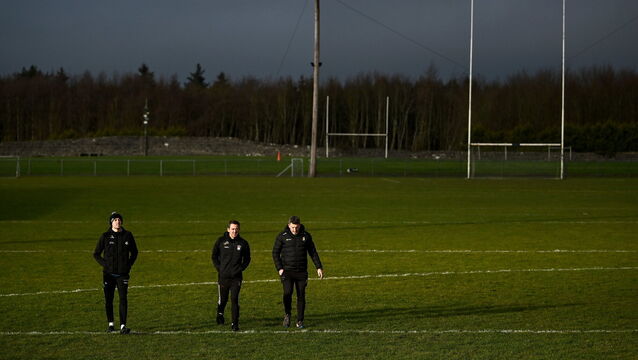 <p>4 January 2026; Referee Rory Hanley, left, Westmeath manager Kevin O'Brien, centre, and Kilkenny manager Derek Lyng walk the grass pitch that was deemed playable, but unavailable, before the cancelled Dioralyte Walsh Cup First Round match between Westmeath and Kilkenny at St Loman's GAA club in Westmeath. Picture: Piaras Ó Mídheach/Sportsfile</p>