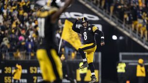 <p>MOVING UP: Aaron Rodgers Of the Pittsburgh Steelers celebrates after a touchdown against the Baltimore Ravens at Acrisure Stadium. Pic: Michael Owens/Getty Images</p>