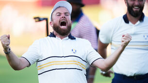 <p>Shane Lowry celebrates a putt on the 18th green to retain the Ryder Cup for Team Europe on day three of the 2025 Ryder Cup at the Bethpage Black Course, Farmingdale, New York. Picture date: Sunday September 28, 2025.</p>