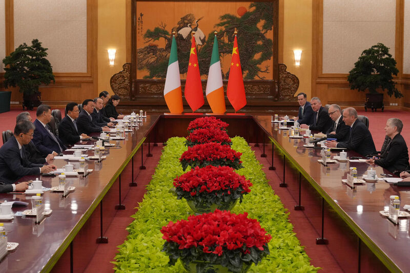 Micheál Martin, second right, talks to Chinese President Xi Jinping, third left, during the bilateral meeting at the Great Hall of the People in Beijing. Picture: Andy Wong/AP Micheál Martin, second right, talks to Chinese President Xi Jinping, third left, during the bilateral meeting at the Great Hall of the People in Beijing. Picture: Andy Wong/AP