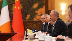 <p class="contextmenu internal_Caption">Minister Micheál Martin speaks during the bilateral meeting with Chinese President Xi Jinping at the Great Hall of the People in Beijing. Picture: Andy Wong/AP</p>