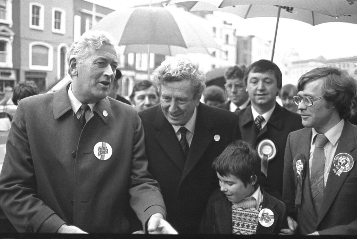 Garret Fitzgerald campaigning in Cork in November 1982 with then TDs (from left) Liam Burke and Bernard Allen, and Colm Burke who is now a TD for Cork North-Central. Picture: Irish Examiner Archive