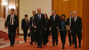 <p>Taoiseach Micheal Martin, centre, with his delegations at the Great Hall of the People to meet with Chinese president Xi Jinping on Monday. Photo: AP/Andy Wong</p>