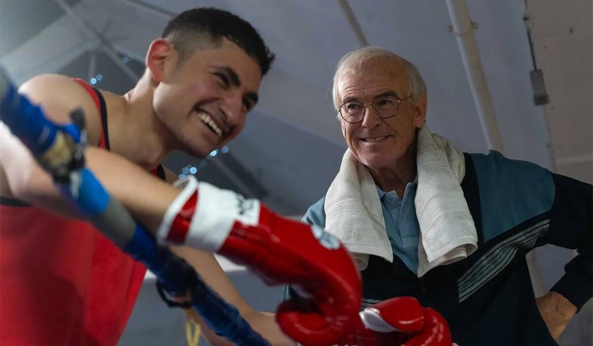 Pierce Brosnan as Brendan Ingle and Amir El-Masry as Naseem Hamed in Giant. Pic: True Brit Entertainment