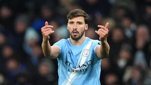 <p>ANOTHER BLOW: Manchester City’s Ruben Dias gestures during Sunday’s Premier League match at the Etihad Stadium (Martin Rickett/PA)</p>