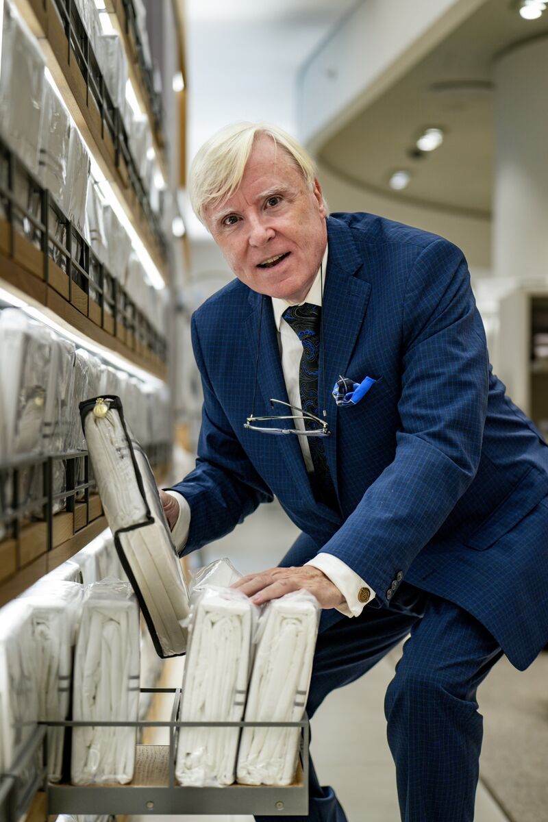 Francis Brennan arranging a sheet display at Dunnes Stores, Patrick Street, Cork, as he celebrates ten years of his Francis Brennan The Collection homeware range. Picture Chani Anderson.