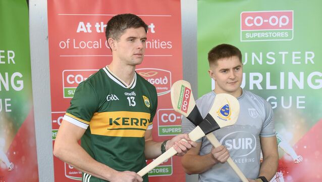 <p>LEANE MACHINE: Kerry's Michael Leane and Waterford's Paudie Fitzgerald at the launch of the launch of the 2026 Co-Op Superstores Munster Senior Hurling League. Pic: Dan Linehan.</p>