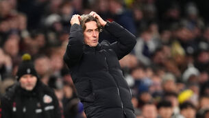 <p>Tottenham Hotspur manager Thomas Frank reacts on the touchline.</p>