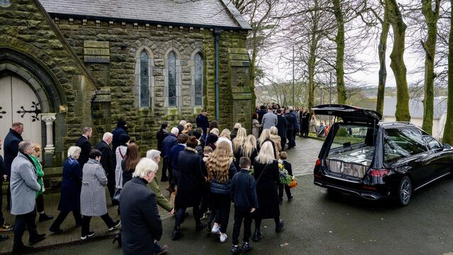 <p>Family and friends follow the coffin of Pa O’Dwyer into St Mary’s Church, Rathkeale, Co Limerick, ahead of his requiem Mass on Wednesday morning. Picture: Chani Anderson</p>