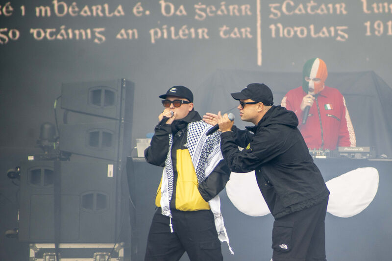 (left to right) Liam Og O Hannaidh (Mo Chara) wearing a keffiyeh, and Naoise O Caireallain (Moglai Bap) performing on stage at London's Finsbury Park, as a support act to headliners, Fontaines DC. Picture date: Saturday July 5, 2025. (left to right) Liam Og O Hannaidh (Mo Chara) wearing a keffiyeh, and Naoise O Caireallain (Moglai Bap) performing on stage at London's Finsbury Park, as a support act to headliners, Fontaines DC. Picture date: Saturday July 5, 2025.