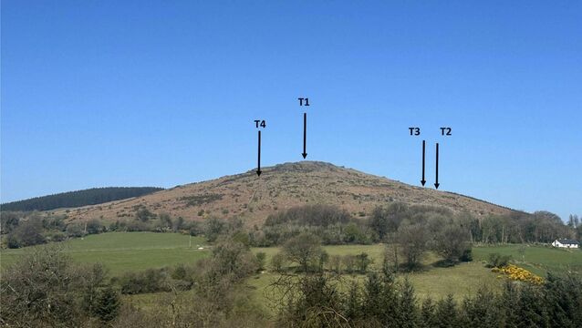 <p>Brusselstown Ring hillfort with test trenches marked. The County Wicklow hillfort has been declared the largest, nucleated settlement in prehistoric Ireland and Britain by researchers at Queen’s University Belfast. </p>