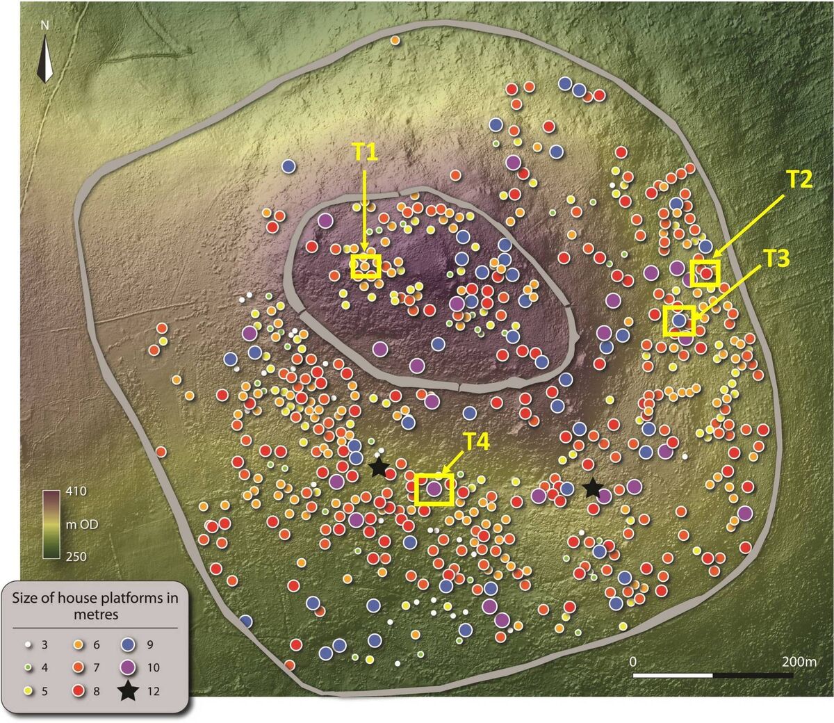 A Photogrammetry map of the location of roundhouse footprints at Brusselstown Ring. The Queen’s University Belfast study proposes the site, in the Wicklow mountains as Ireland’s earliest proto-town, predating by two millennia the Viking towns that have so far been considered the island’s earliest urban settlements. A Photogrammetry map of the location of roundhouse footprints at Brusselstown Ring. The Queen’s University Belfast study proposes the site, in the Wicklow mountains as Ireland’s earliest proto-town, predating by two millennia the Viking towns that have so far been considered the island’s earliest urban settlements.