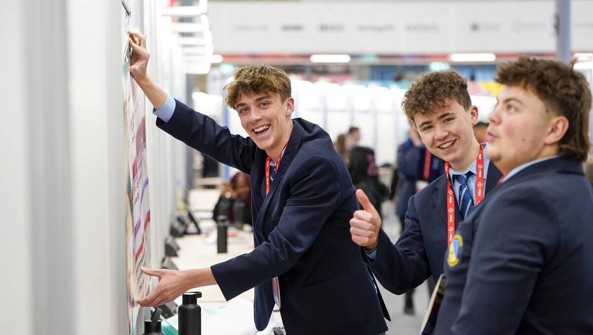 Sam Mahon, Connor Kingston and Charlie Hart from Mount St Michael, Co Cork, showcasing their project on day one of the 2026 Stripe YSTE. Picture: Chris Bellew / Fennell Photography Sam Mahon, Connor Kingston and Charlie Hart from Mount St Michael, Co Cork, showcasing their project on day one of the 2026 Stripe YSTE. Picture: Chris Bellew / Fennell Photography
