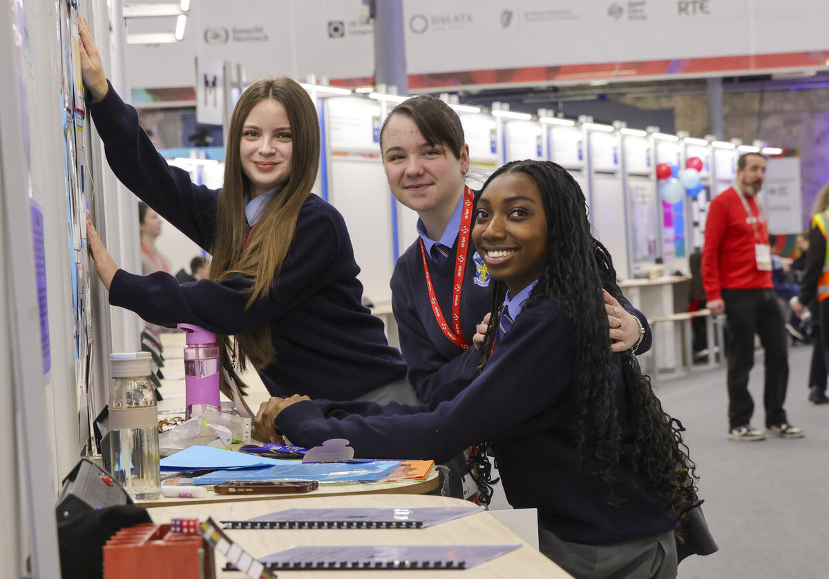 Ellen Hennessy, Alice Adagbonyin and Nadejda Muntean from Tallaght Community School in Dublin, with their project, 'Place, Perception and Presence: How Local Deprivation Relates to Student's Attitudes Towards School Life'. Picture: Chris Bellew / Fennell Photography Ellen Hennessy, Alice Adagbonyin and Nadejda Muntean from Tallaght Community School in Dublin, with their project, 'Place, Perception and Presence: How Local Deprivation Relates to Student's Attitudes Towards School Life'. Picture: Chris Bellew / Fennell Photography