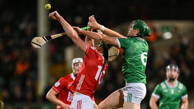 <p>Colin O’Brien and William O'Donoghue contest a dropping ball. Pic: Brendan Moran/Sportsfile</p>