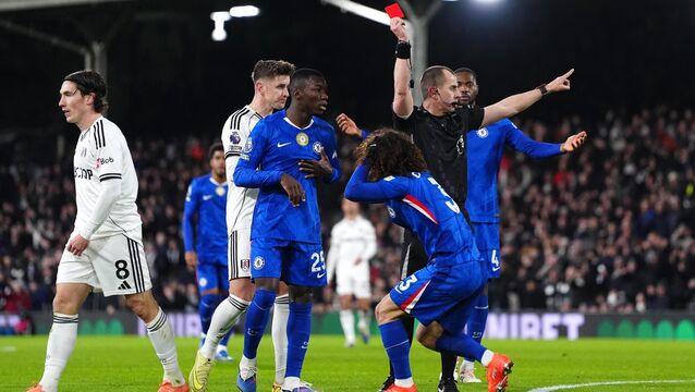 <p>Chelsea's Marc Cucurella is dismissed after being shown a red card during the Premier League match at Craven Cottage. Picture: Thomas Ash/PA</p>