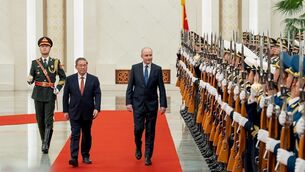 <p>Taoiseach Micheal Martin with Chinese premier Li Qiang in Bejing. Picture: Government of Ireland/PA Wire</p>