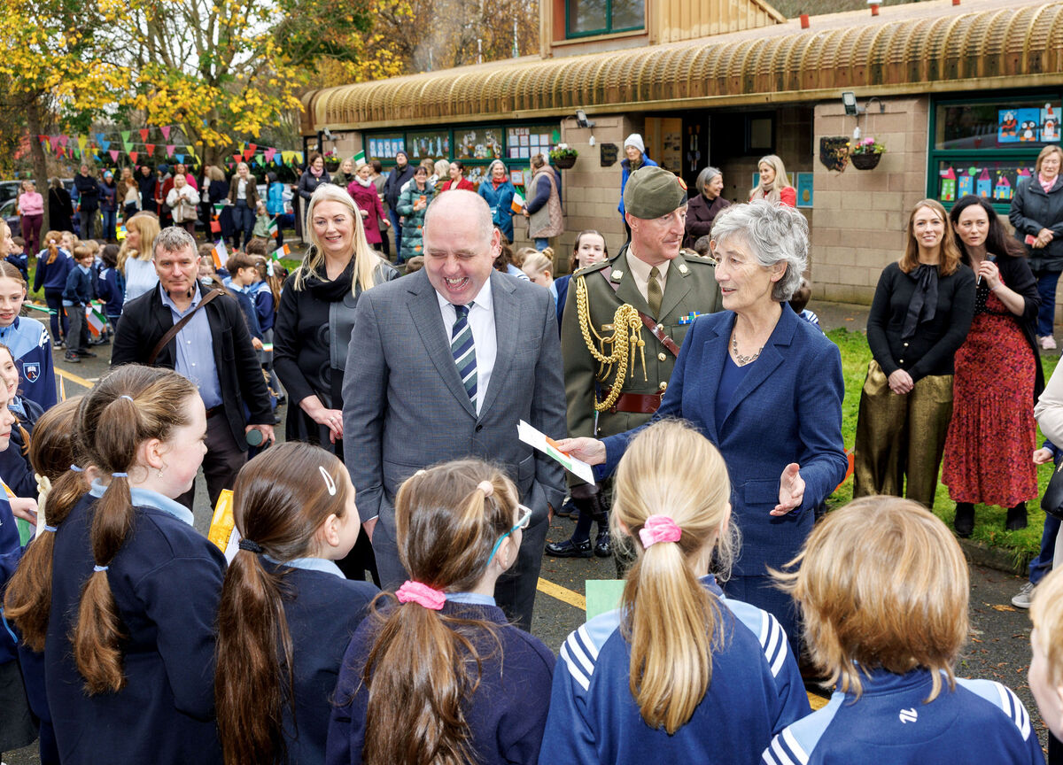 President Catherine Connolly with Colm Ó Nualláin, principal at Gaelscoil Inse Chór at a visit  last month to Gaelscoil Inse Chór in Dublin. Picture: Marc O'Sullivan