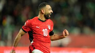 <p>Egypt's Mohamed Salah celebrates after scoring his side's third goal against Benin. Pic: AP Photo/Mosa'ab Elshamy</p>