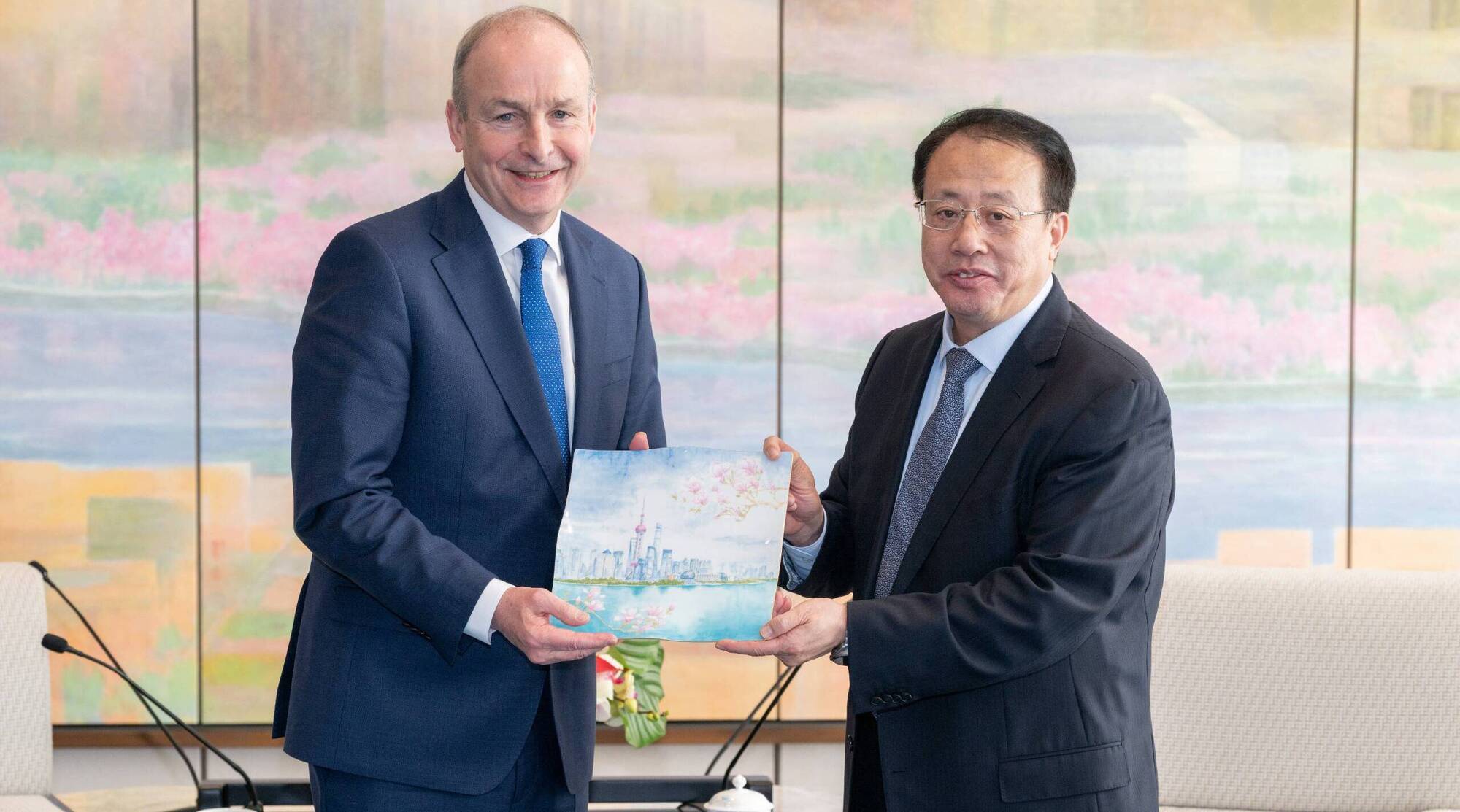 Taoiseach Micheál Martin meeting the mayor of Shanghai Gong Zheng on Thursday. Speaking in Shanghai, Mr Martin said he is 'focusing on the issues' and 'I am (confident in the security of his leadership)'.