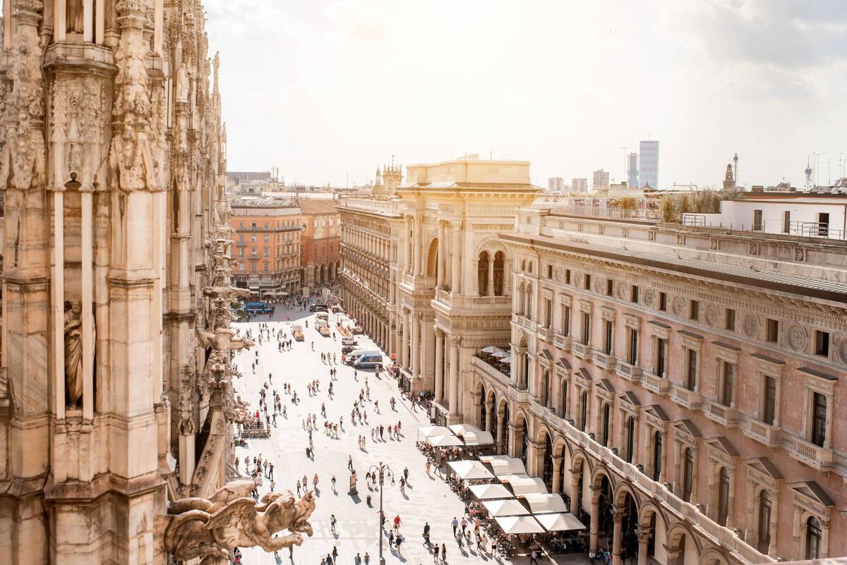 A birds' eye view of Duomo square in the heart of Milan