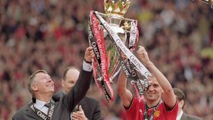 <p>A LONG TIME AGO: Manchester United manager Alex Ferguson and captain Roy Keane lift the trophy and celebrate being crowned Premier League champions</p>