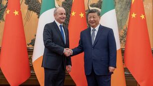 <p>Taoiseach Micheál Martin with China president Xi Jinping in Beijing. Picture: PA</p>