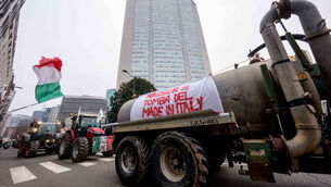 <p>A truck sporting a banner in Italian that reads, "Mercusur, the tomb of made in Italy" during a farmers' protest against the Mercosur deal in Milan, Italy, on Friday. Photo: AP/Claudio Furlan/LaPresse</p> <p>A truck sporting a banner in Italian that reads, "Mercusur, the tomb of made in Italy" during a farmers' protest against the Mercosur deal in Milan, Italy, on Friday. Photo: AP/Claudio Furlan/LaPresse</p>