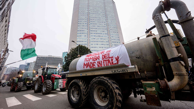 <p>A truck sporting a banner in Italian that reads, "Mercusur, the tomb of made in Italy" during a farmers' protest against the Mercosur deal in Milan, Italy, on Friday. Photo: AP/Claudio Furlan/LaPresse</p>