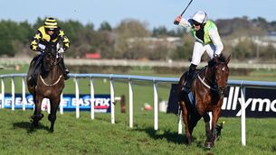 <p>WHIP HAND: Declan Queally shows his delight after partnering I'll Sort That to victory in the Grade One Ballymore Novice Hurdle  at Naas on Friday. Picture: Healy Racing </p>