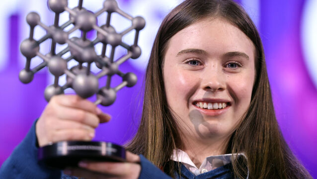 <p>Aoibheann Daly from Mercy Mounthawk Secondary School with the trophy for her brain cancer diagnosis tool at the Stripe Young Scientist Exhibition in the RDS. Picture: Leah Farrell/RollingNews</p>